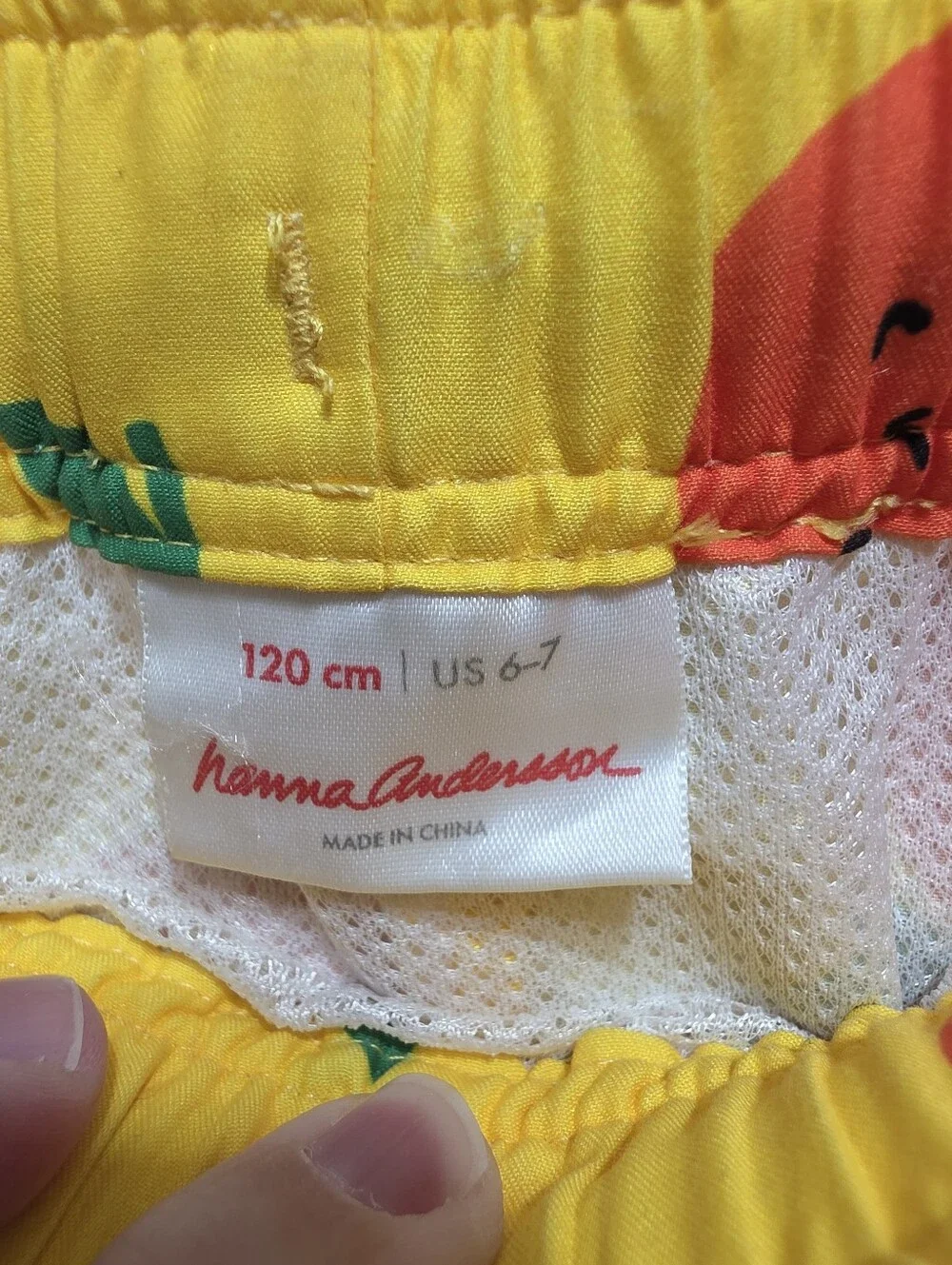 Hanna Andersson Boys Yellow Oranges Print Sunblock Swim Trunks Shorts Size 6-7.